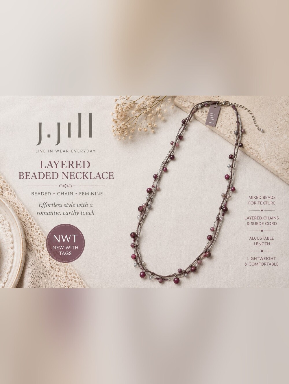 NWT J Jill Boho Layered Beaded Necklace Pink Burgundy Silver Chain Necklace